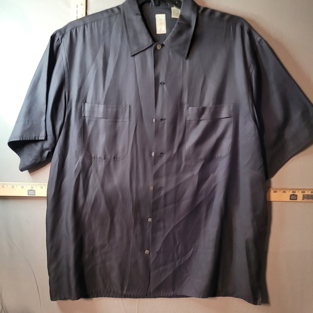Burma Bibas Mens Silk Cotton Short‎ Sleeve Button Up Shirt Charcoal Gray Large